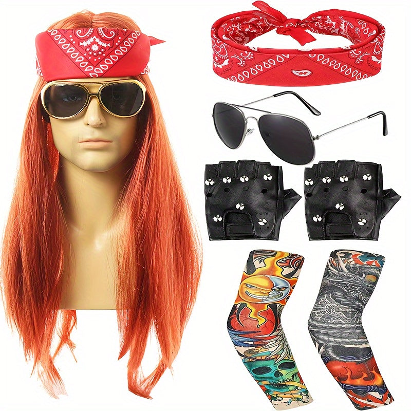 Punk Costume Wig with Straight Fiber Hair, Bandana, Glasses, Tattoo Sleeves