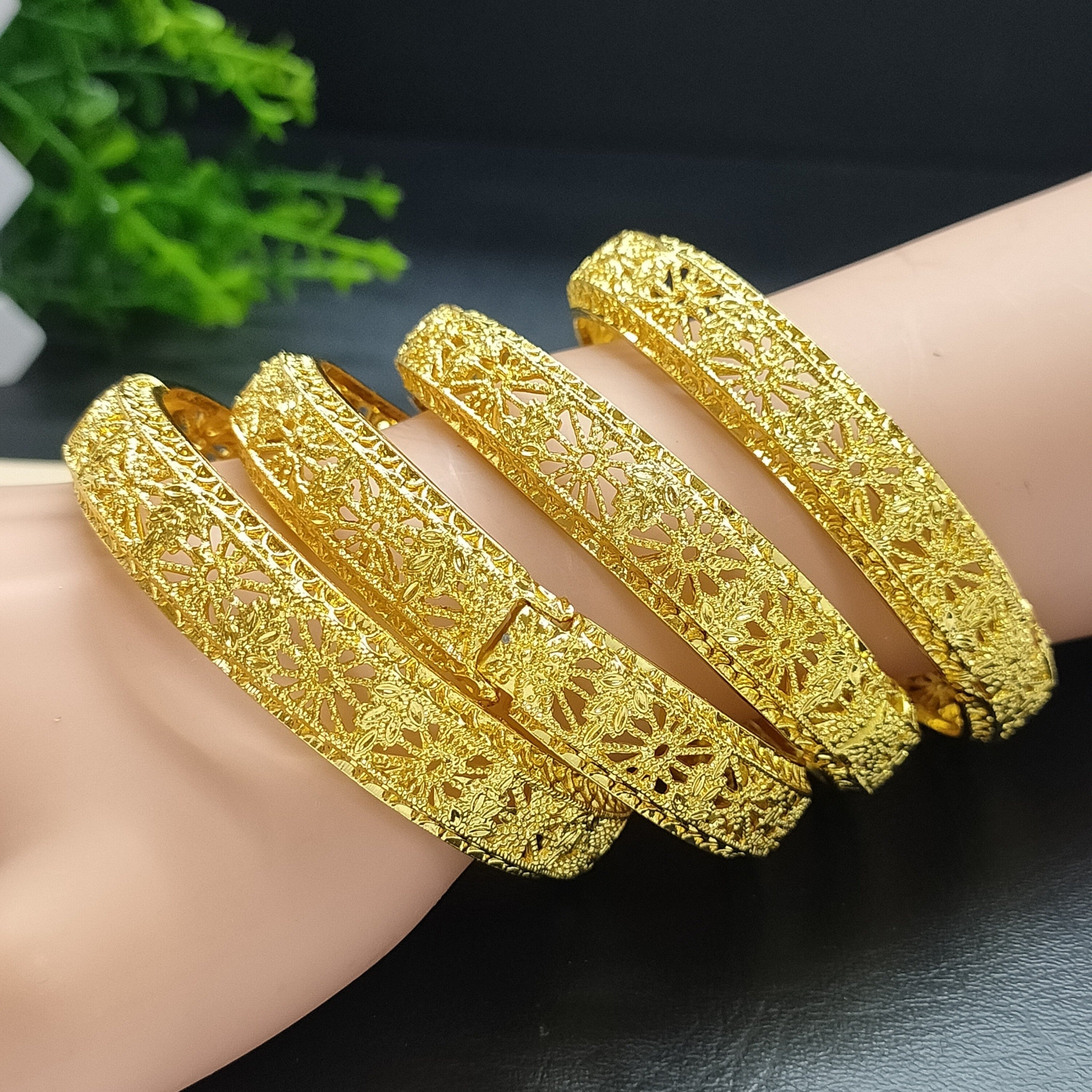 Set of 4 Women's Carved Silver Bangle Bracelets for Wedding and Gift