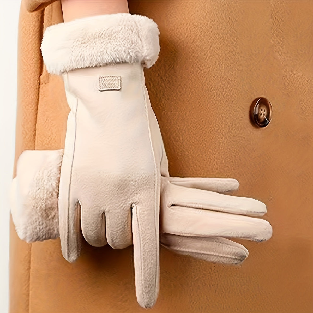 Women's Beige Touchscreen Gloves with Plush Lining Full Finger Winter Warmth
