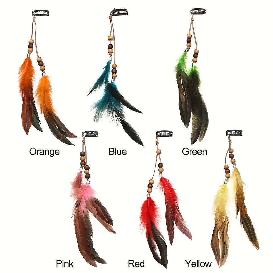 Ethnic Feather Hair Clip Set with Tassels, 6 Colorful Hand-Braided Feathers for Women