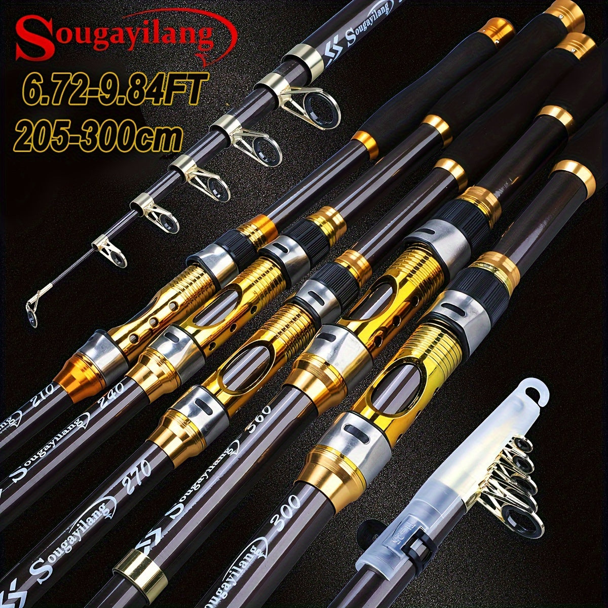 Sougayilang Telescopic Spinning Baliq Ovi Tizgichi, 207.87 sm dan 294.74 sm gacha, Oltin Uglerod Tolasi, O'rtacha Harakat, Shirin va Tuzli Suvlar uchun.
