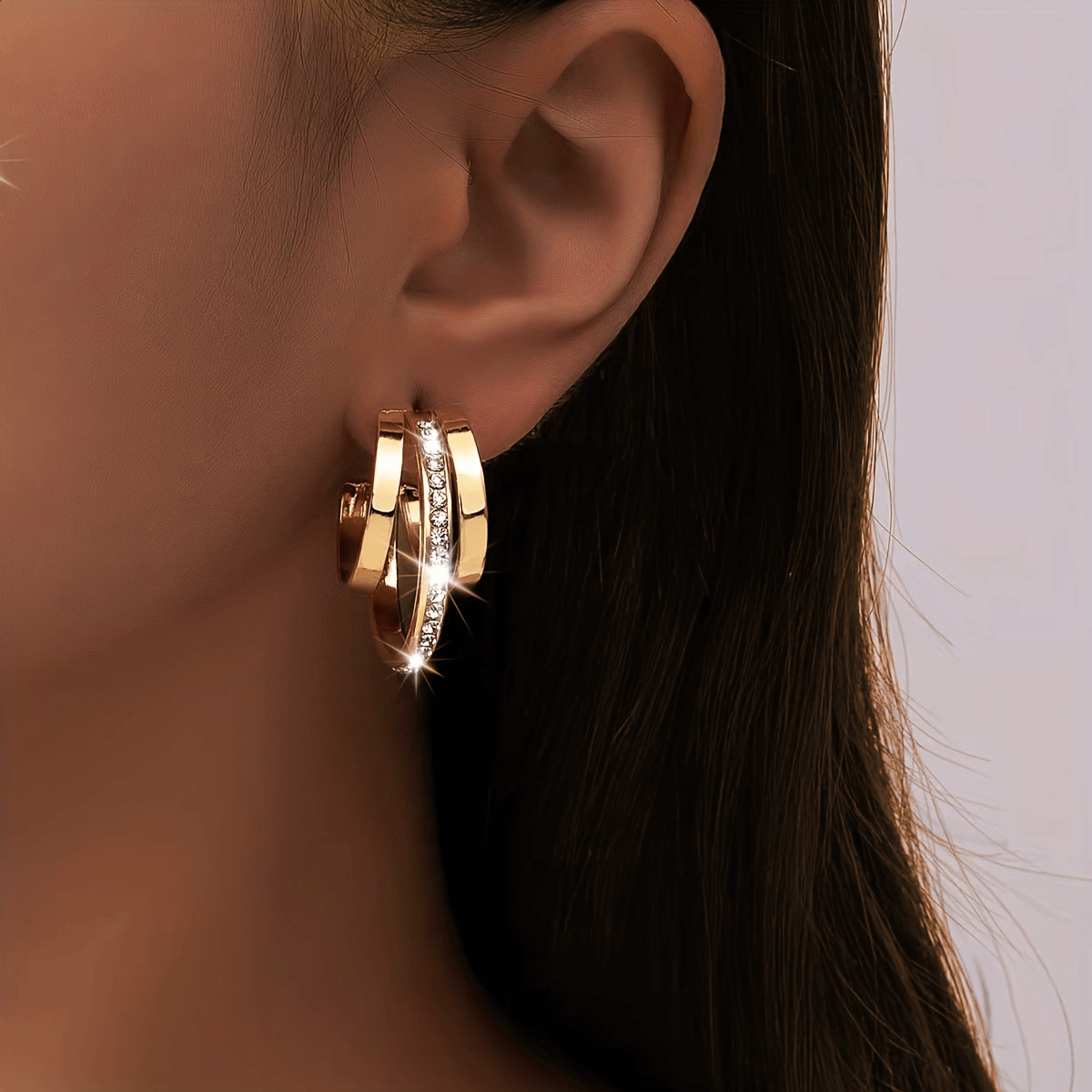 Women's Rhinestone Decor Triple Layer Hoop Earrings Gold Silver Elegant Jewelry