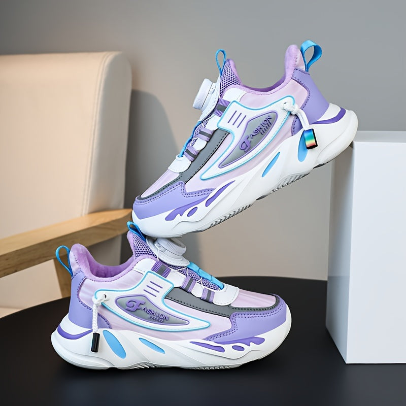 Girls Fleece-Lined Athletic Sneakers Stripes Mid-Top Casual Running Shoes