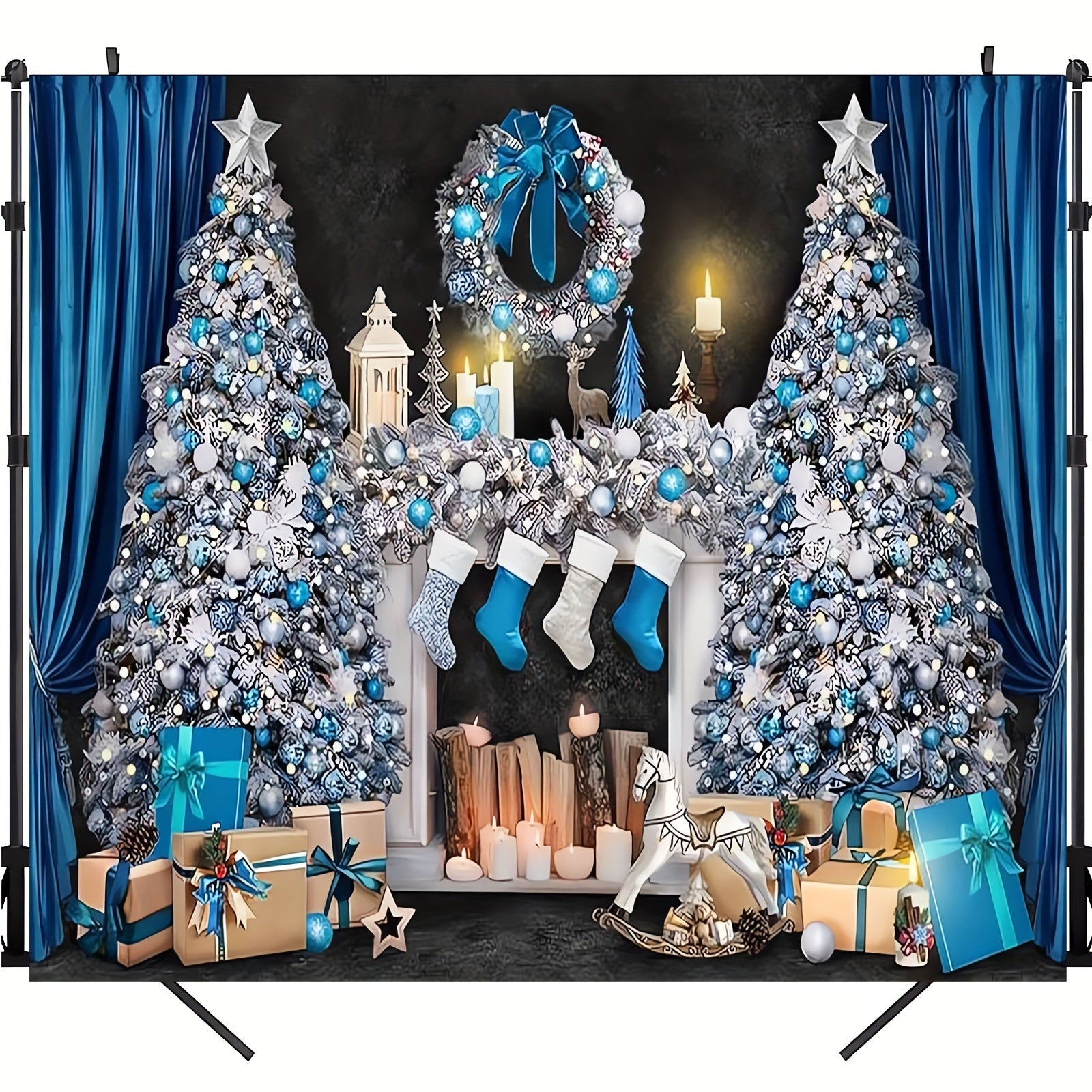Blue and White Christmas Mantelpiece Scene with Presents and Tree for Holiday Decor