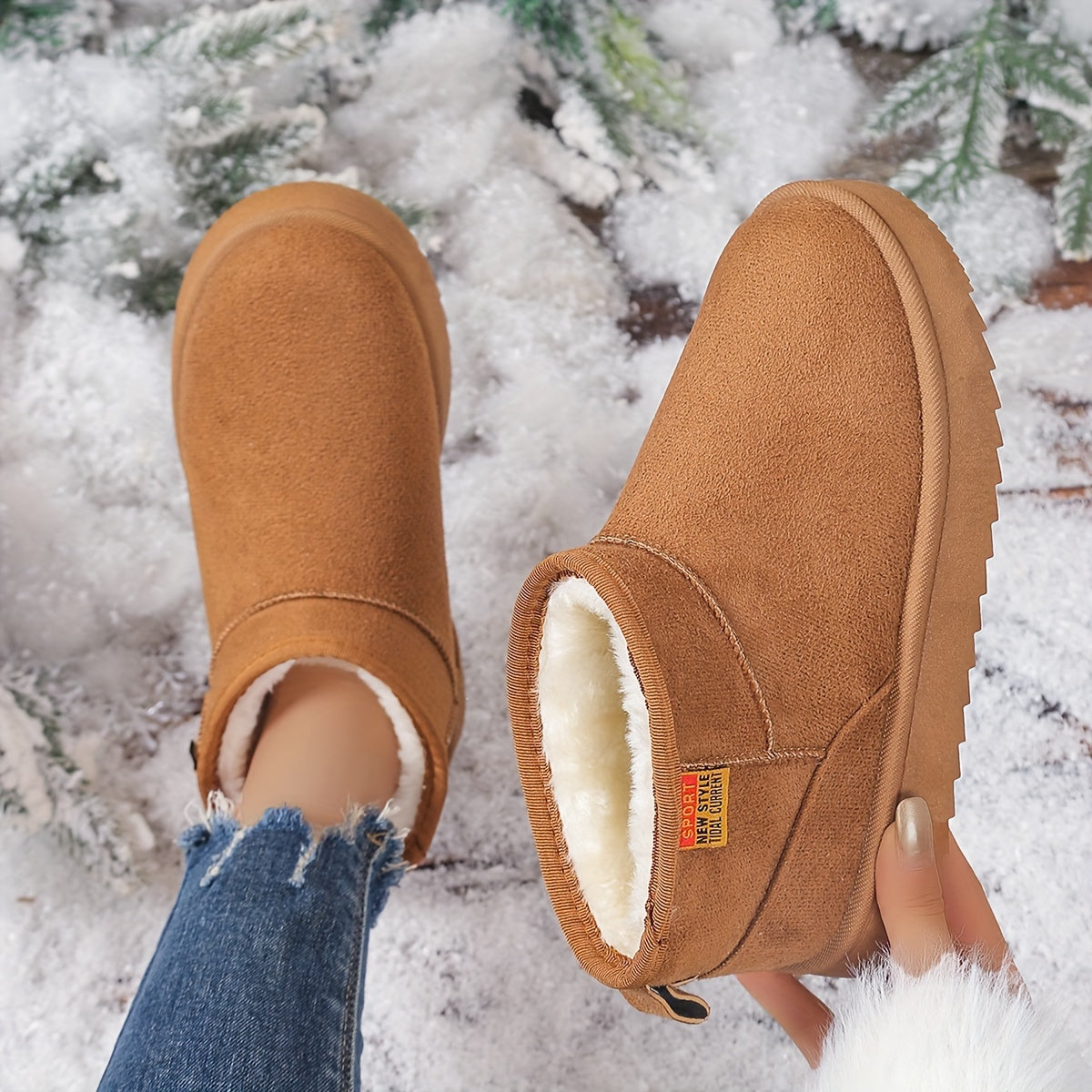 Женские зимние снегоступы с тёплой тканевой подкладкой, низкий каблук, прочные для улицы