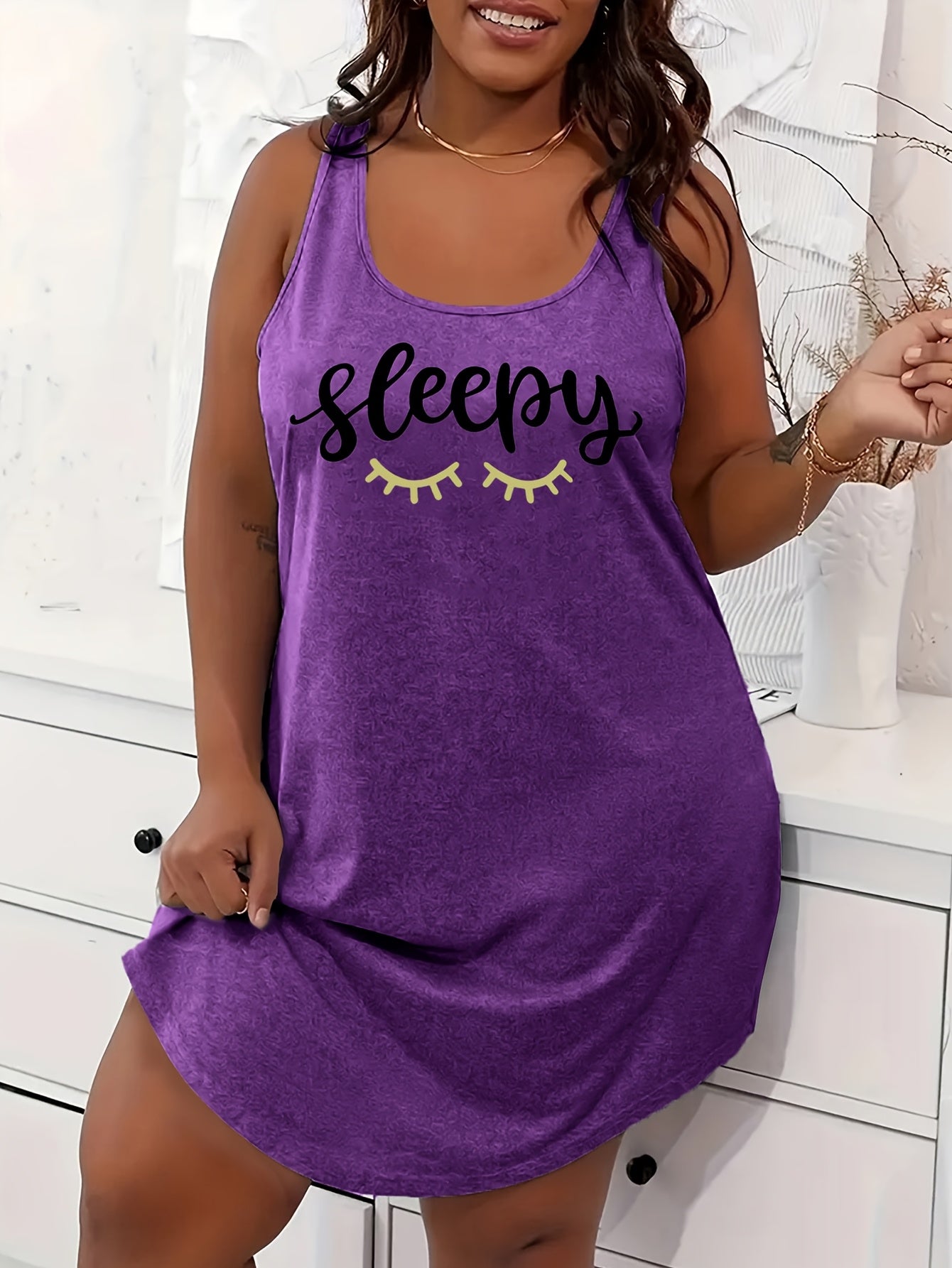 Women's Large Size Casual Pajamas with Letter Print Sleeveless Nightgown