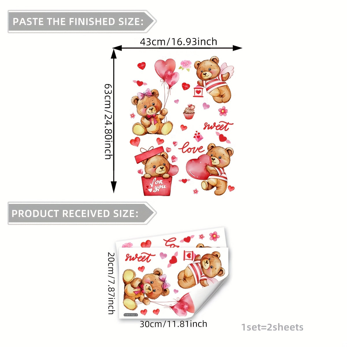 Valentine's Day Teddy Bear Heart Balloons Window Stickers 2 Sheets Reusable PVC