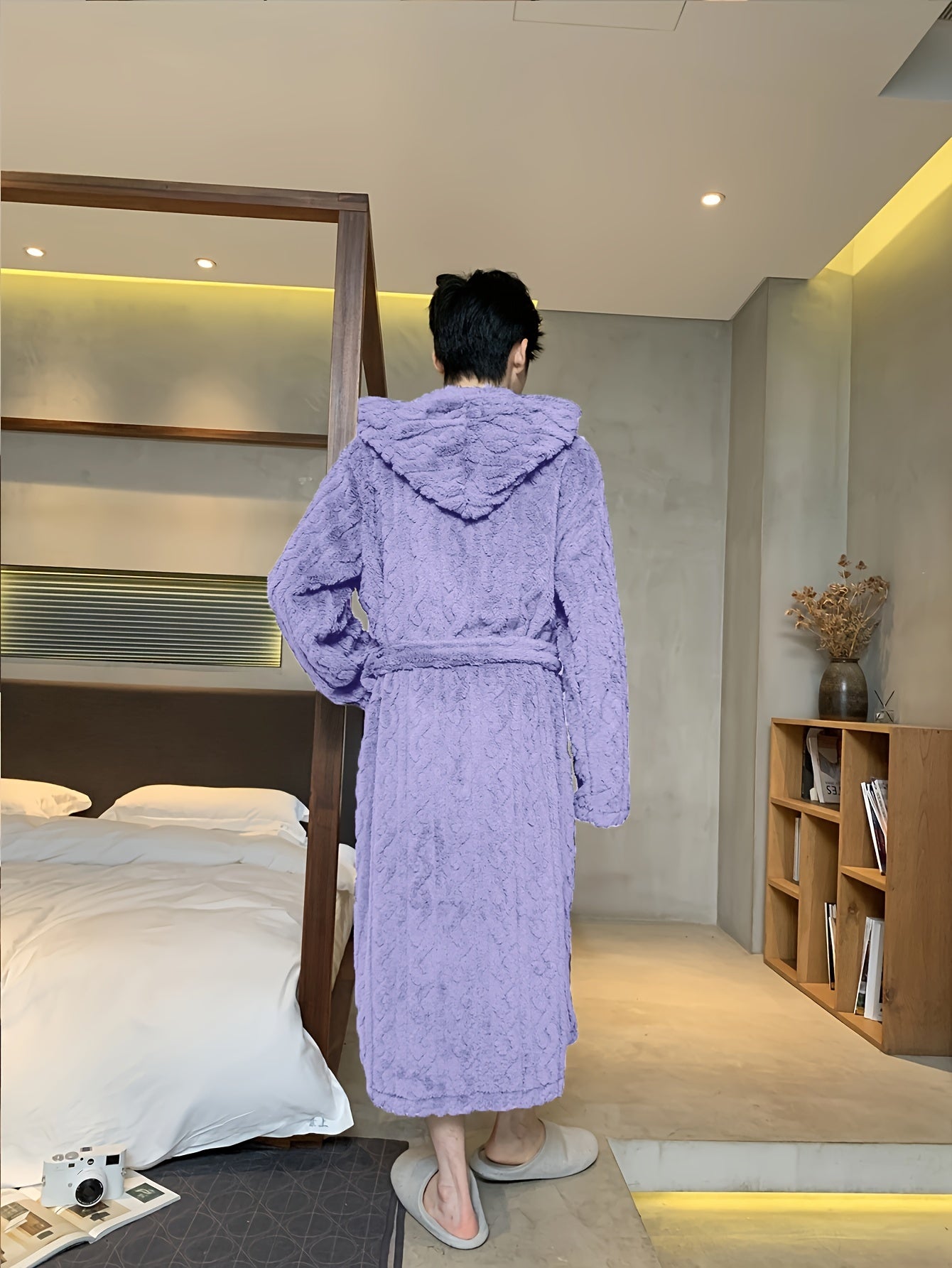 Men's Hooded Fleece Robe with Belt Soft Plush Flannel for Winter Casual Sleepwear
