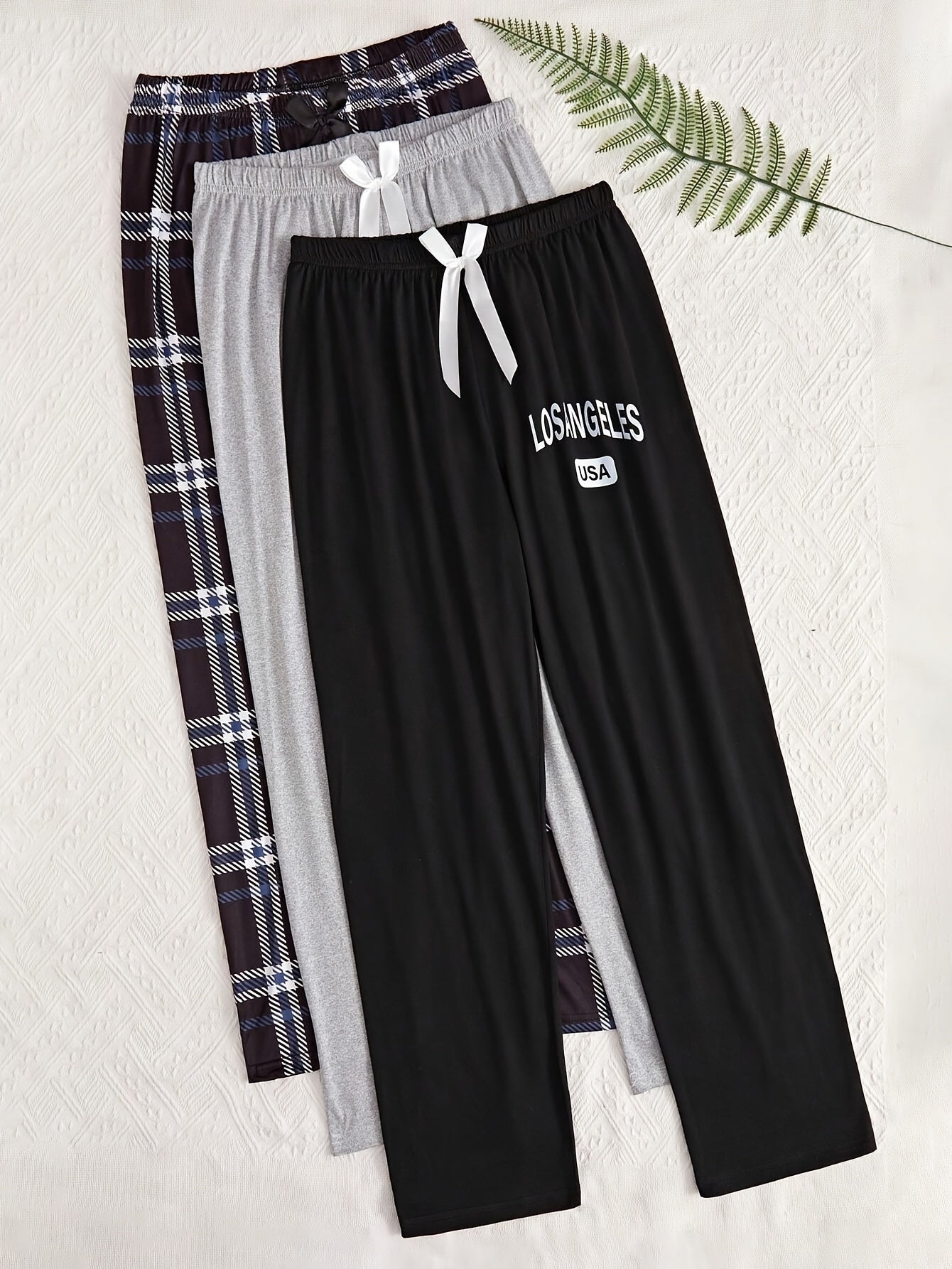 Women's Plus Size Casual Sleep Pants with Plaid Print and Bow Decor