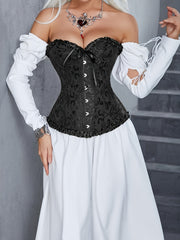 Black Lace-Up Corset Top for Tummy Control Waist Cinching Off-Shoulder Bridal Court Style Polyester Elastane