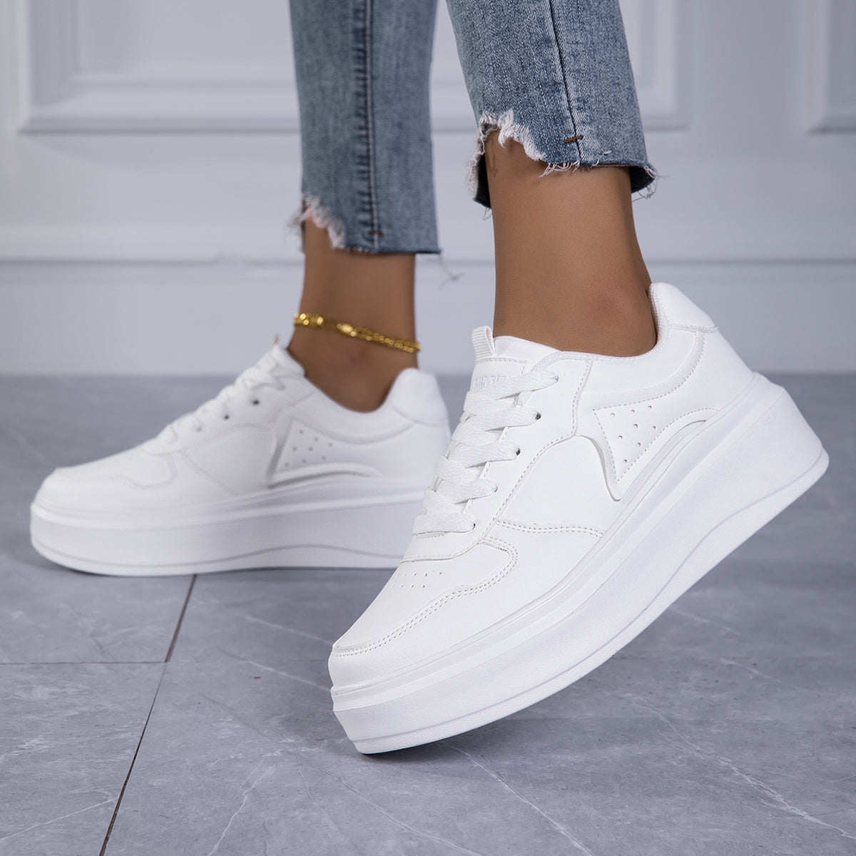 Women's White Sneakers Cushioned Platform Lace-Up Shoes All-Day Comfort