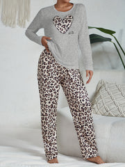 Women's Pajama Set with Long Sleeve Heart Print Top and Leopard Pattern Pants in Polyester