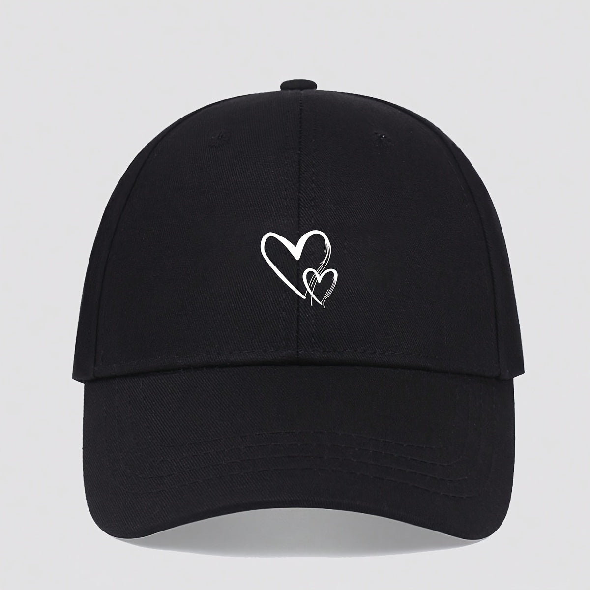 Women's Black Adjustable Baseball Cap with Love Heart Print Breathable Polyester Sun Hat
