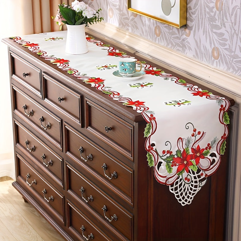 Christmas Embroidered Table Runner, Hand Hollowed, Holiday Decor, Dining Room