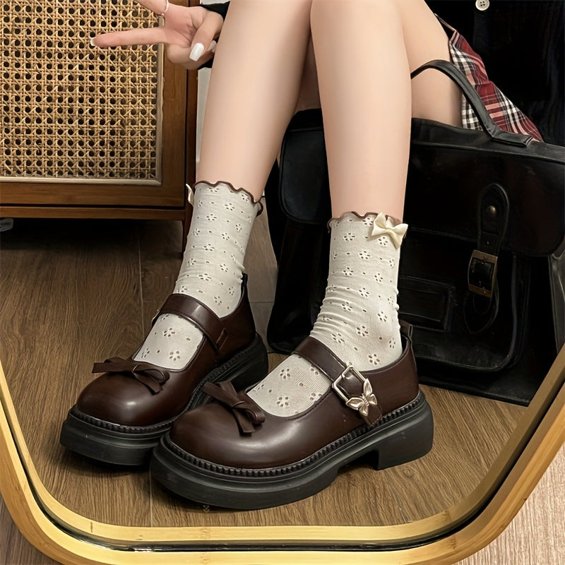 Women’s Black Synthetic Mary Jane Shoes with Bow, Rubber Sole