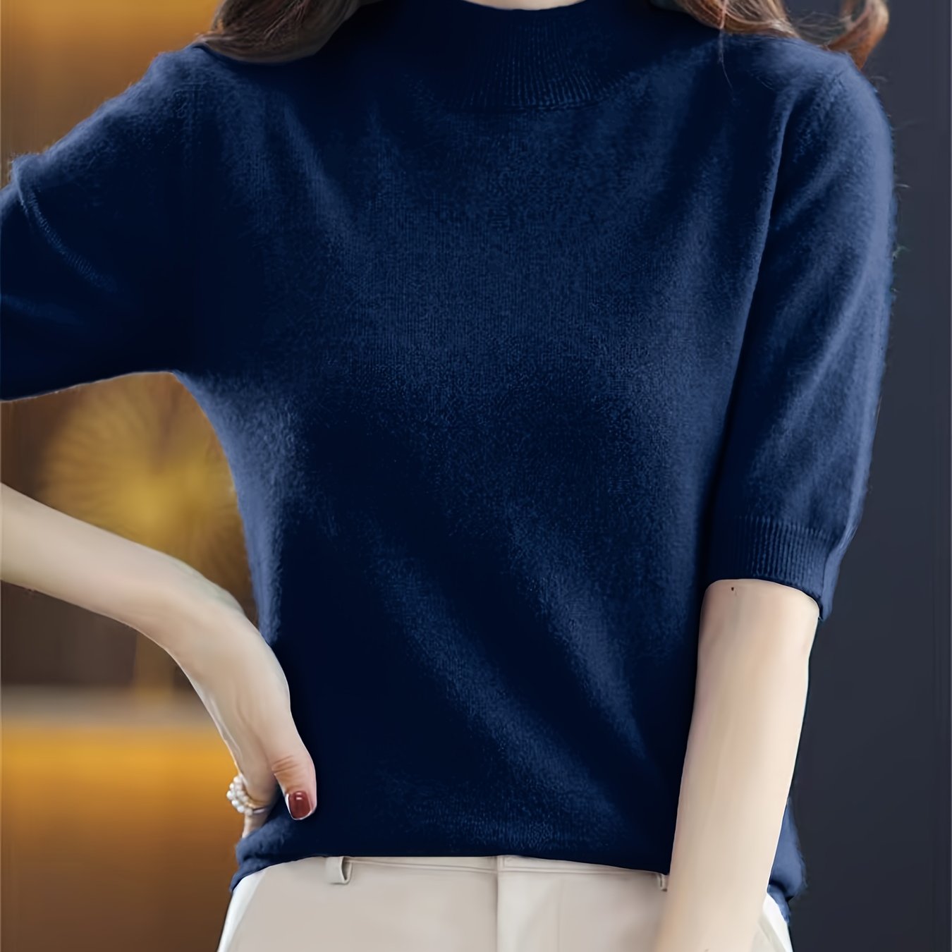 Suéter de punto para mujer con cuello alto de canalé, color sólido, para todas las estaciones