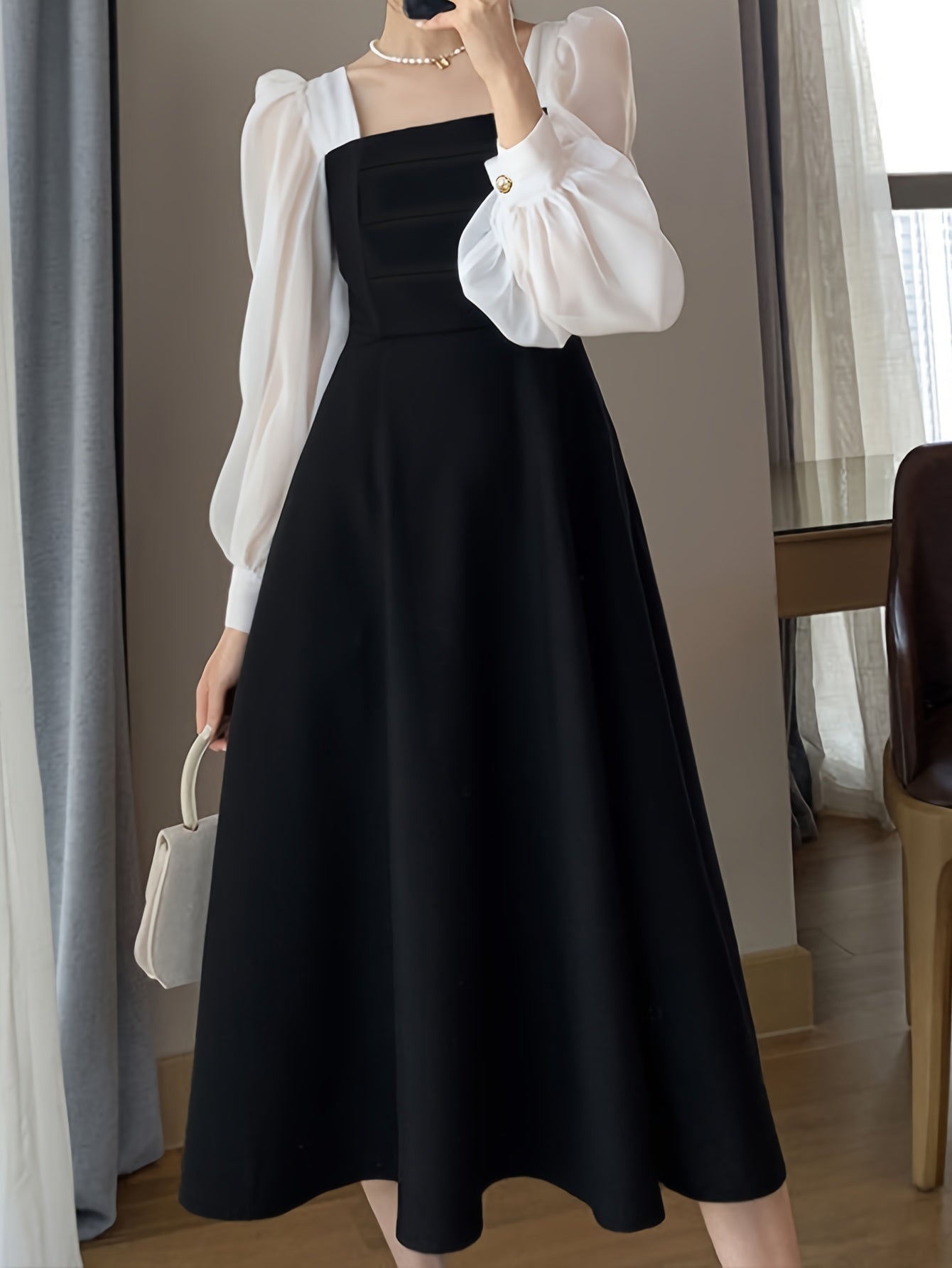 Black Organza A-Line Dress for Women with Long Sleeves and Square Neckline