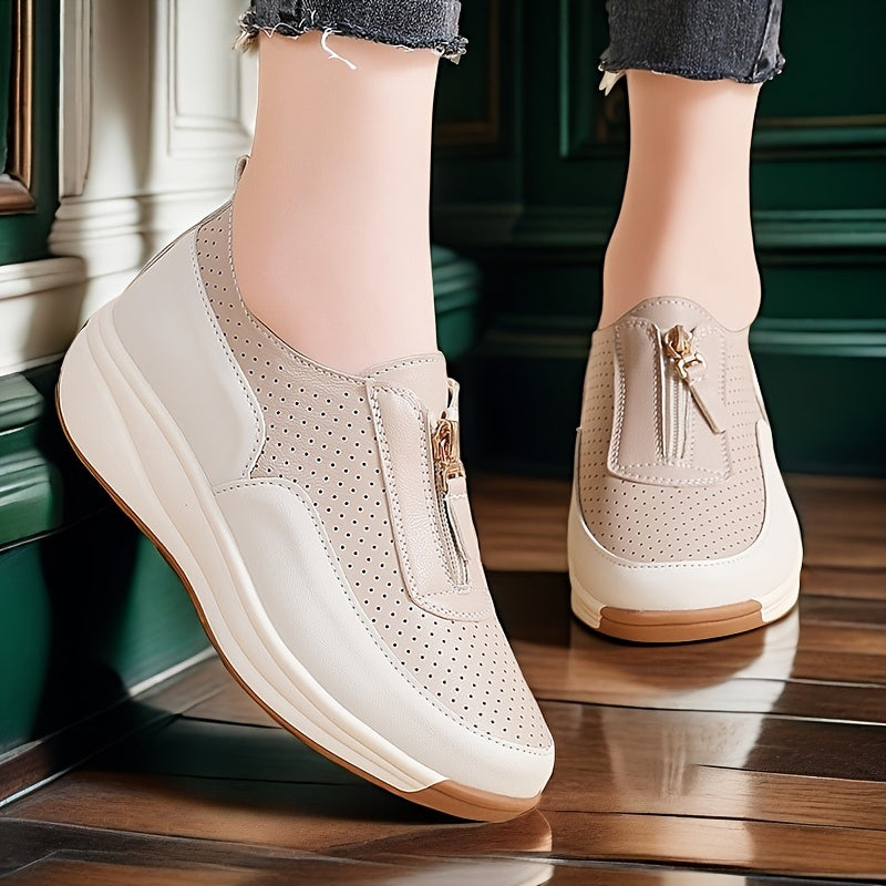 Women's Beige Perforated Casual Sneakers with Zipper, Thick Sole and Anti-Slip