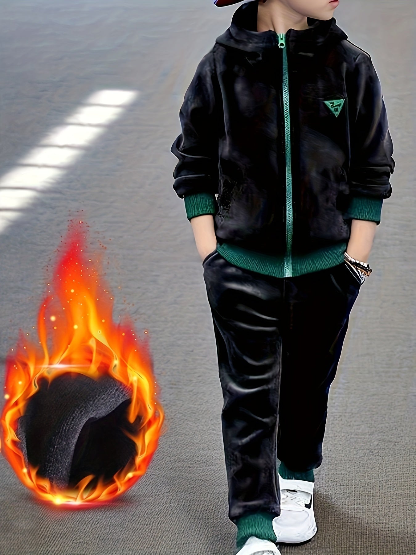 Boys Velvet Hooded Two-Piece Suit Fall Winter Zipper Alphabet Pattern