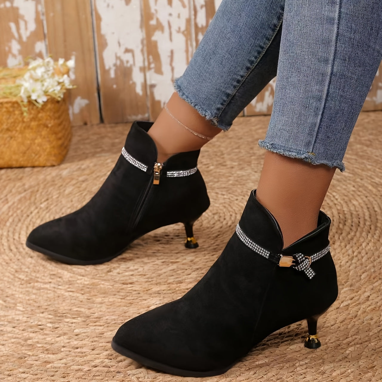 Women's Velour Metal Buckle Ankle Boots with Pointed Mid-Heels