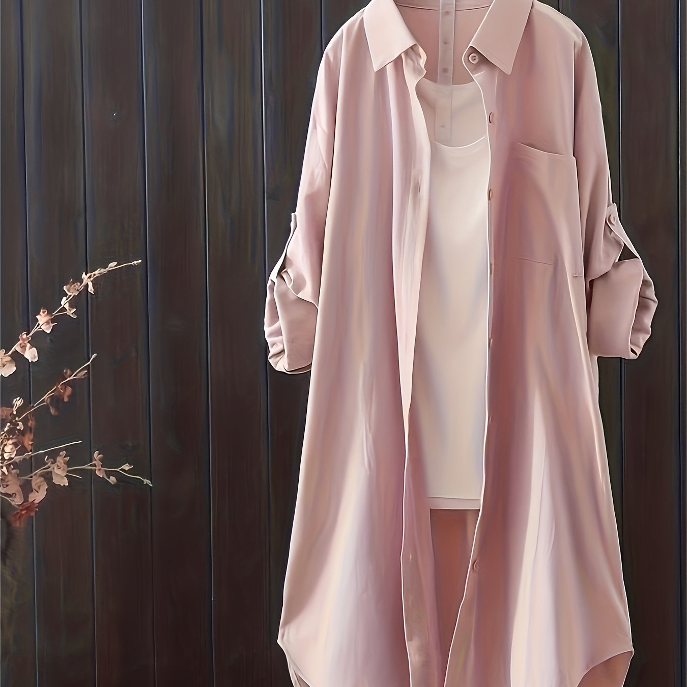 Women's Casual Oversized Midi Shirt with Lapel Collar and Button Details in Polyester Spandex Blend