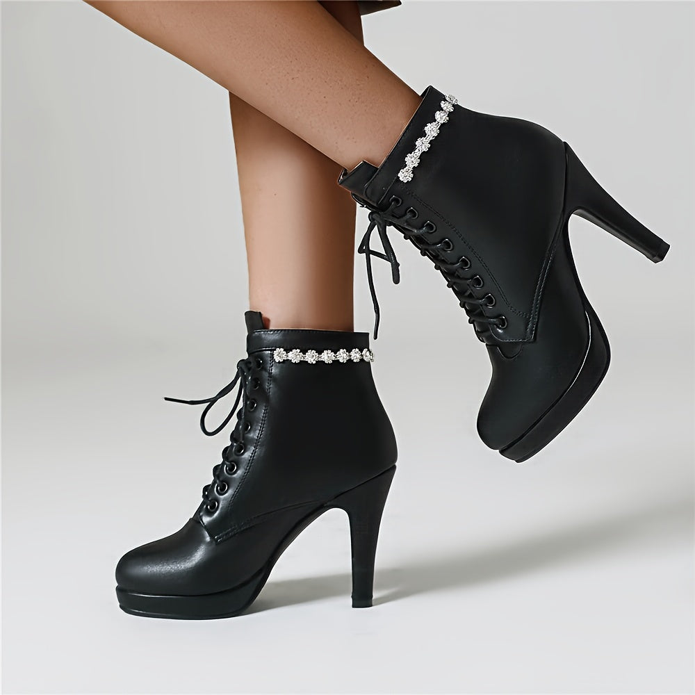 Women High Heel Booties with Lace-Up Closure Rhinestone Chain Winter Dress