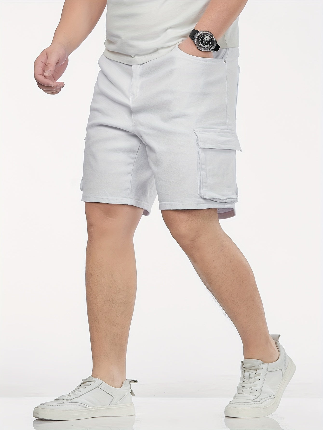 Men's Plus-Size Cotton Denim Shorts with Pockets Slim Fit Casual