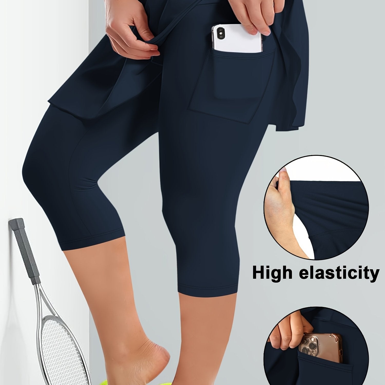 Women's High Stretch Culottes with Side Pockets Polyester Knit Solid Color Three Quarter Length Spring Summer Fall