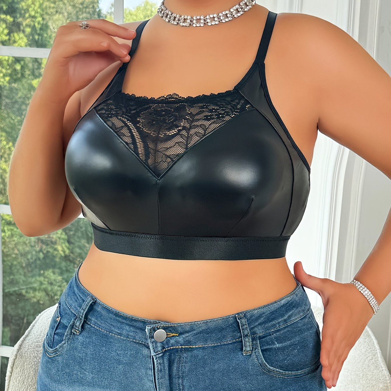 Plus Size Female Lingerie Crop Top Bra Faux Leather Backless Lace Trim