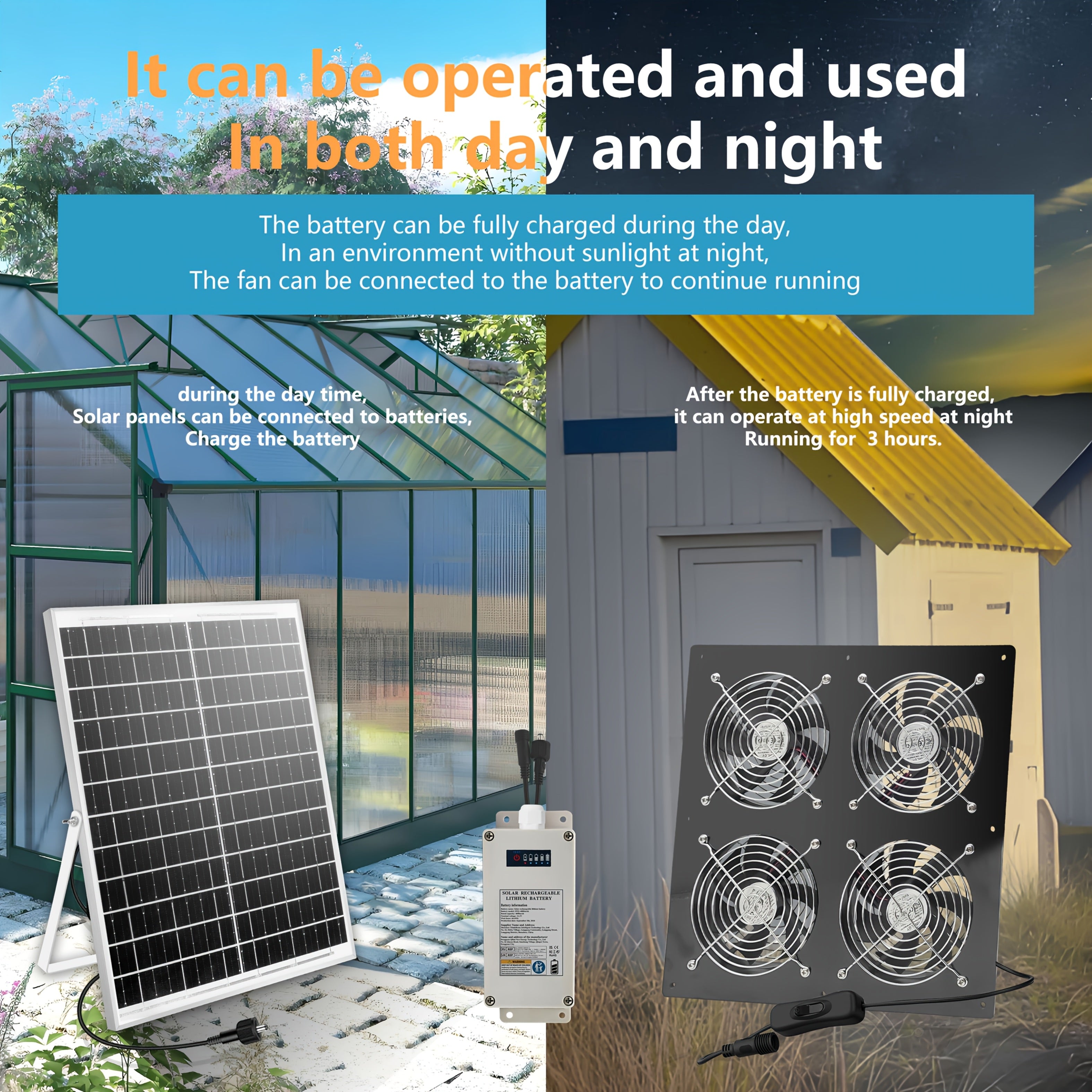 Quyosh energiyasi bilan ishlaydigan 25W ventilyator, litiy batareya bilan, it uylarida, issiqxonalarda va podvalda foydalanish uchun