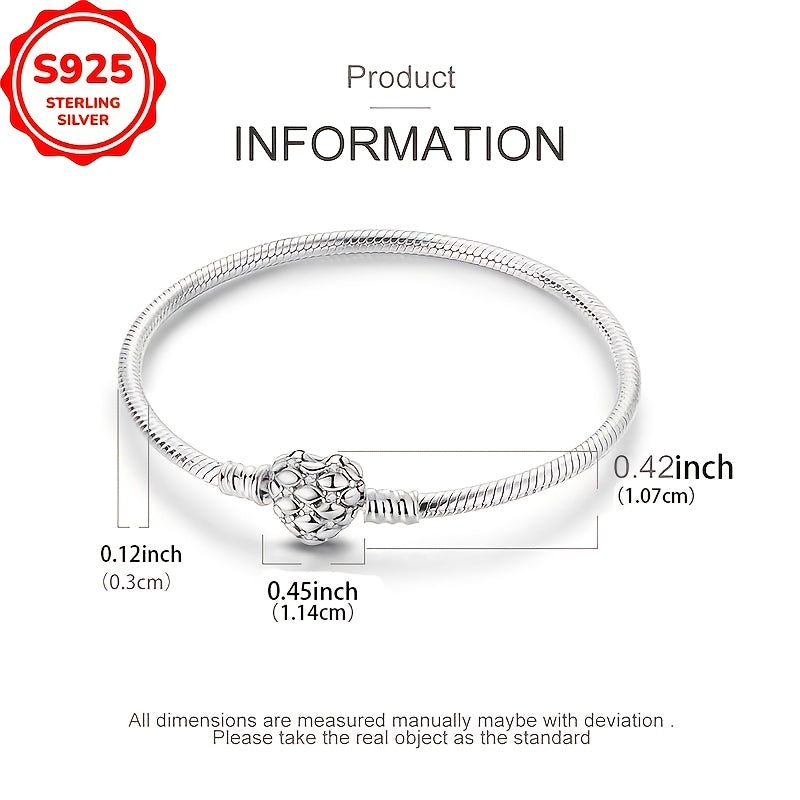 Браслет из серебра 925 с сердцем, змеиной костью и сверкающей сеткой для повседневной носки