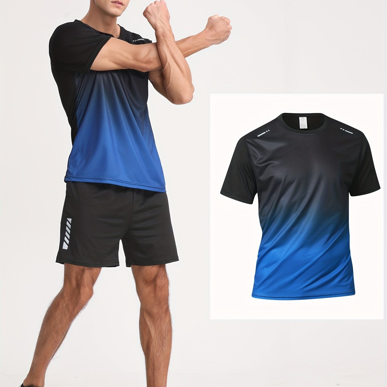 Men's Gradient Color Short Sleeve T-Shirt in Black to Blue Polyester Casual Summer