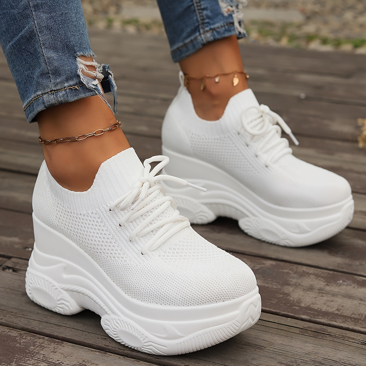Women's White Slip-On Chunky Platform Sneakers Breathable Cushioned Heel