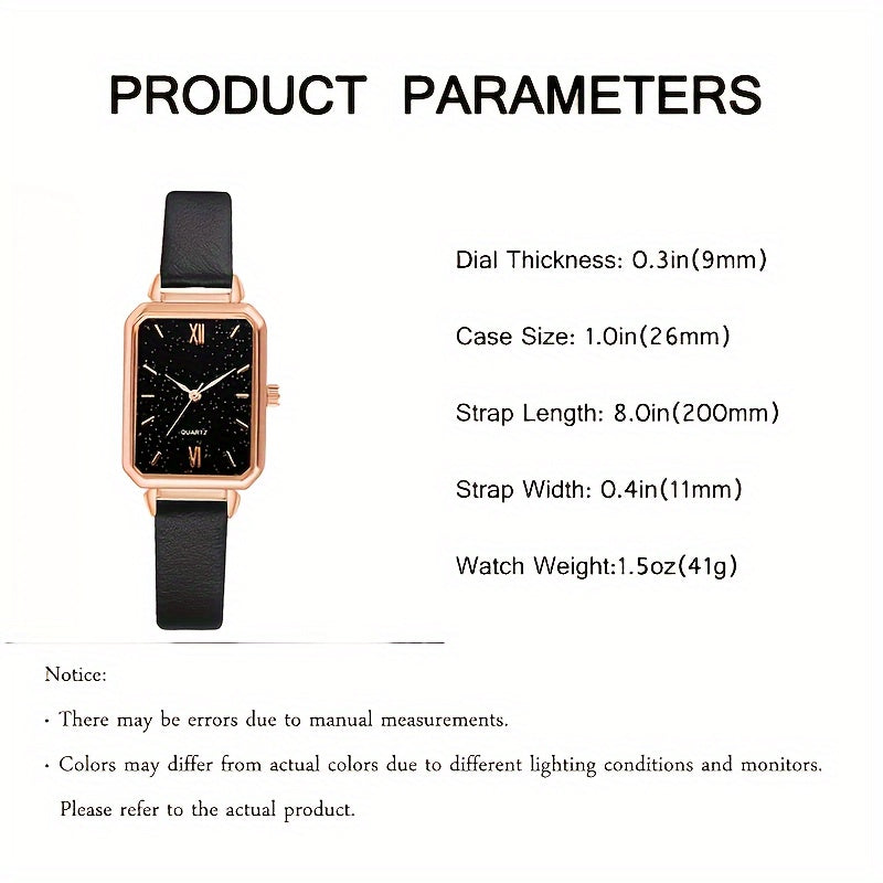 5 ta ayollar uchun kundalik to'rtburchakli kvarts soatlar to'plami, charm taqilgan va bilaguzuklar bilan