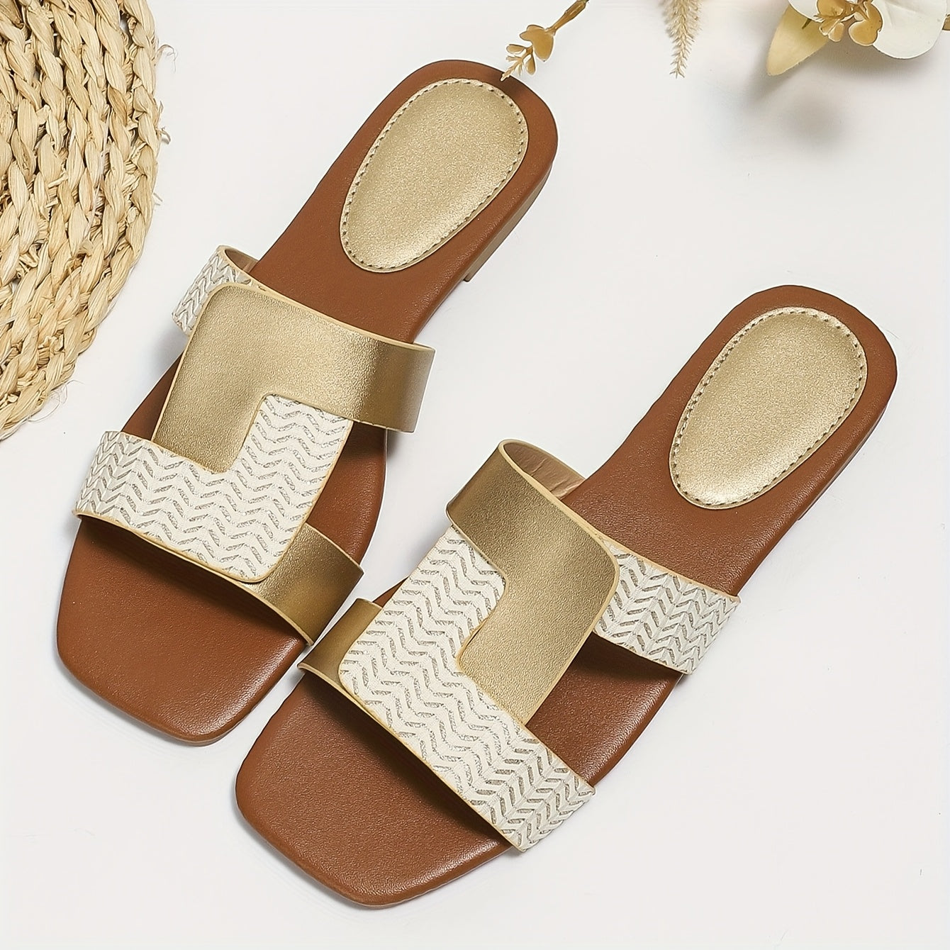 Women's Square Toe Slide Sandals with Two-Tone Gold and White Chevron Design