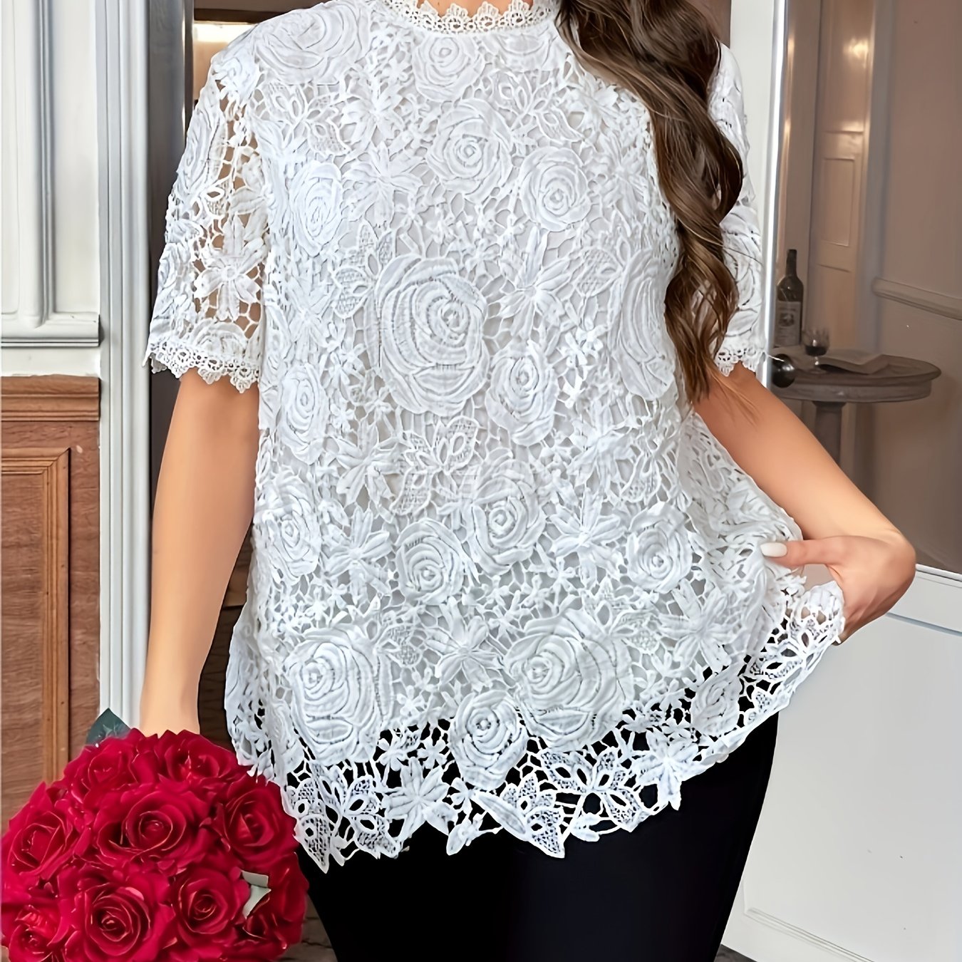 Plus Size Floral Lace Blouse Short Sleeve Solid Color Spring Summer Casual