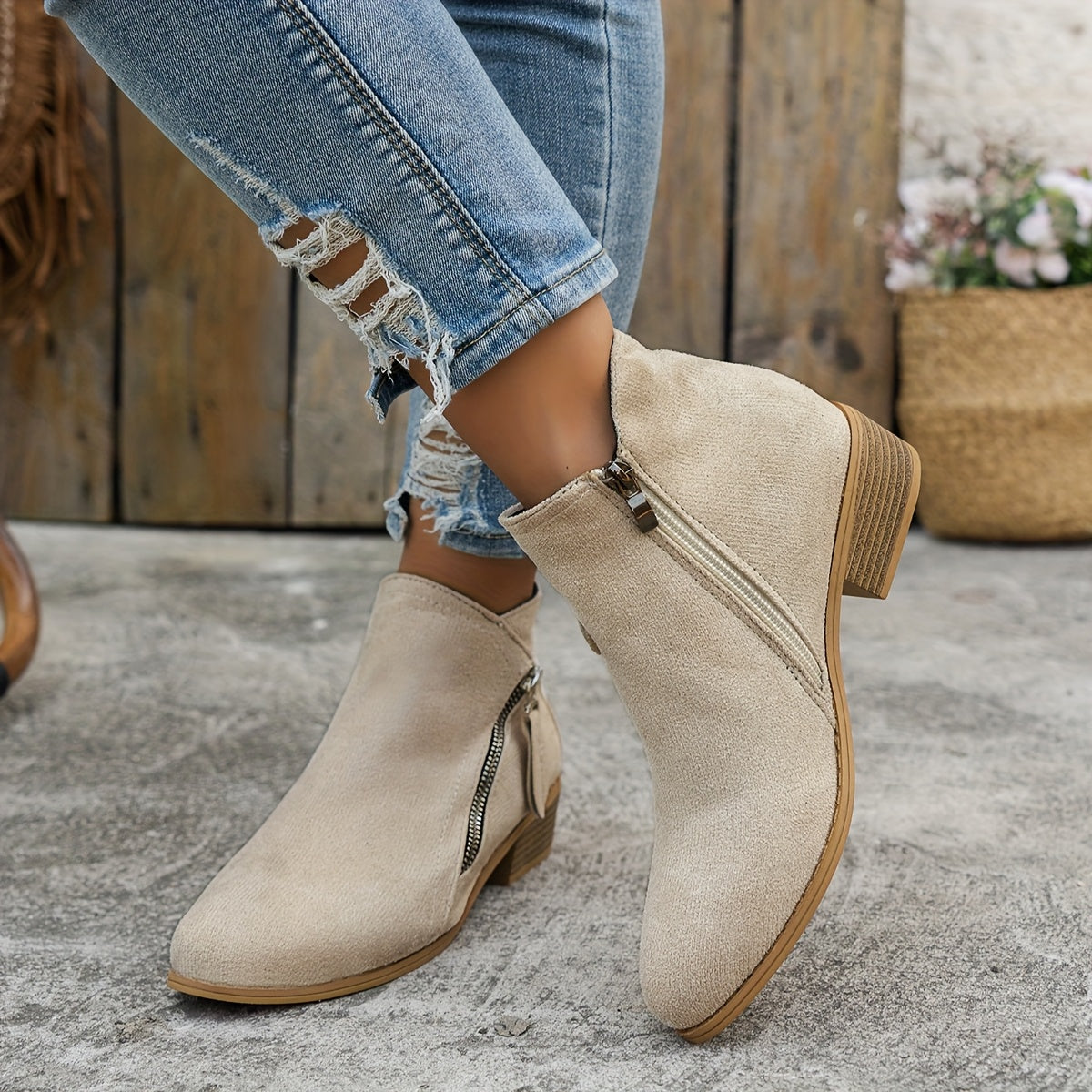 Women's Fashion Ankle Boots Solid Color Mid Heel Casual Slip-Ons