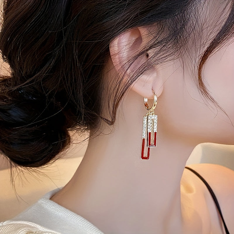 Women's Red Geometric Square Earrings with Gold-Tone Bars 2-Pack