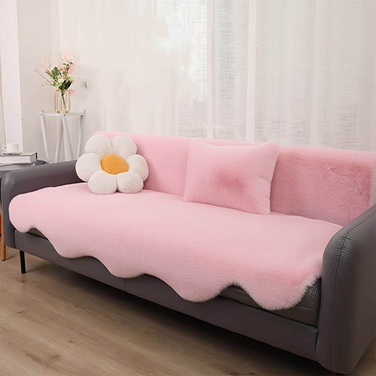 Faux Rabbit Fur Sofa Cushion Beige Irregular Shape Plush Bedside Mat