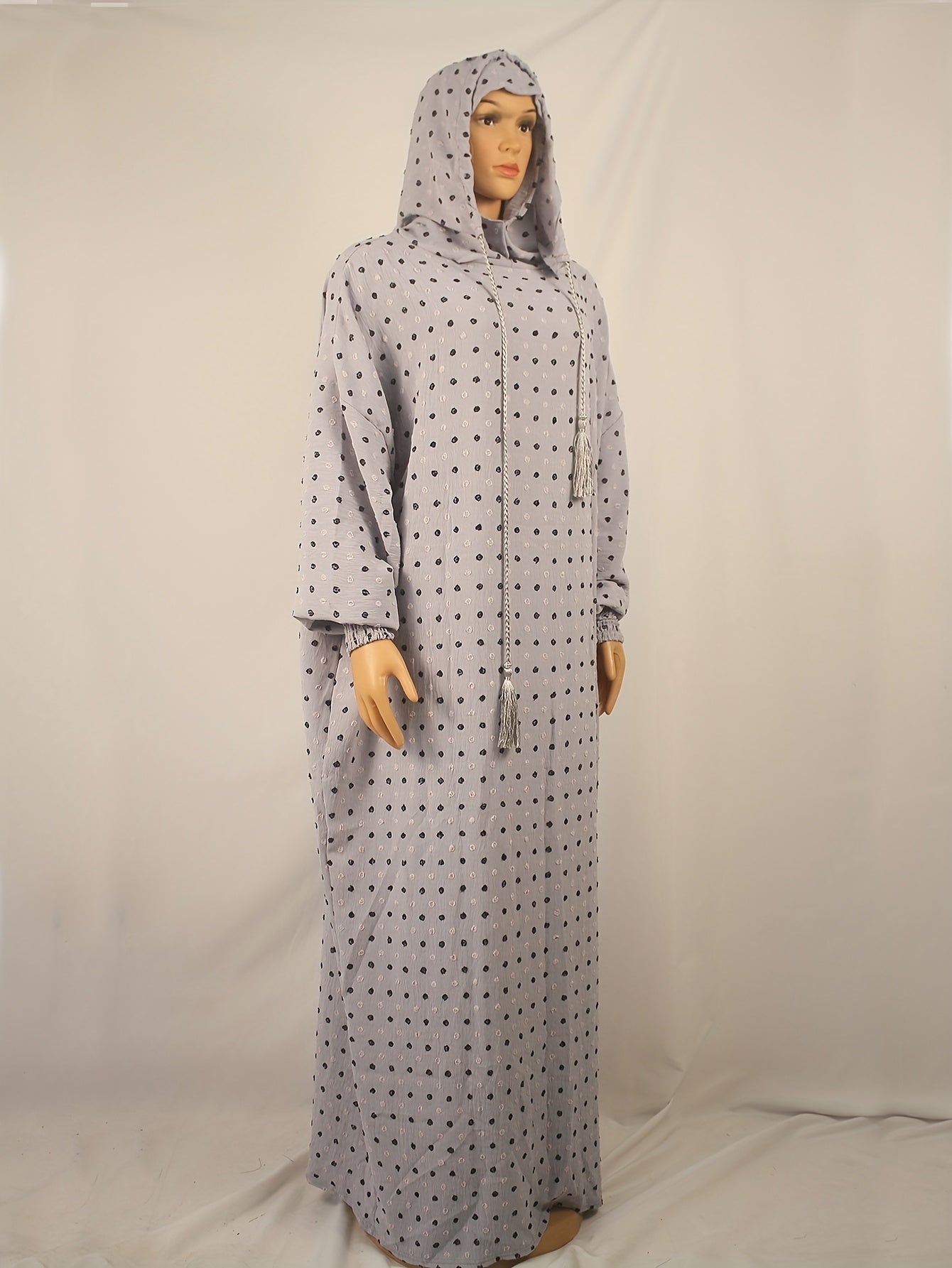 Plus o'lchamli polka nuqta kaftan kiyi bilan tassellar, uzun qo'l, kundalik, barcha mavsum uchun