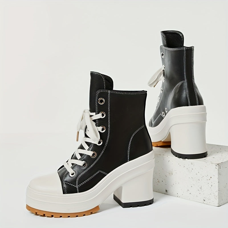 Women's Chunky Platform Ankle Boots Casual High Heel Short Boots Solid Color