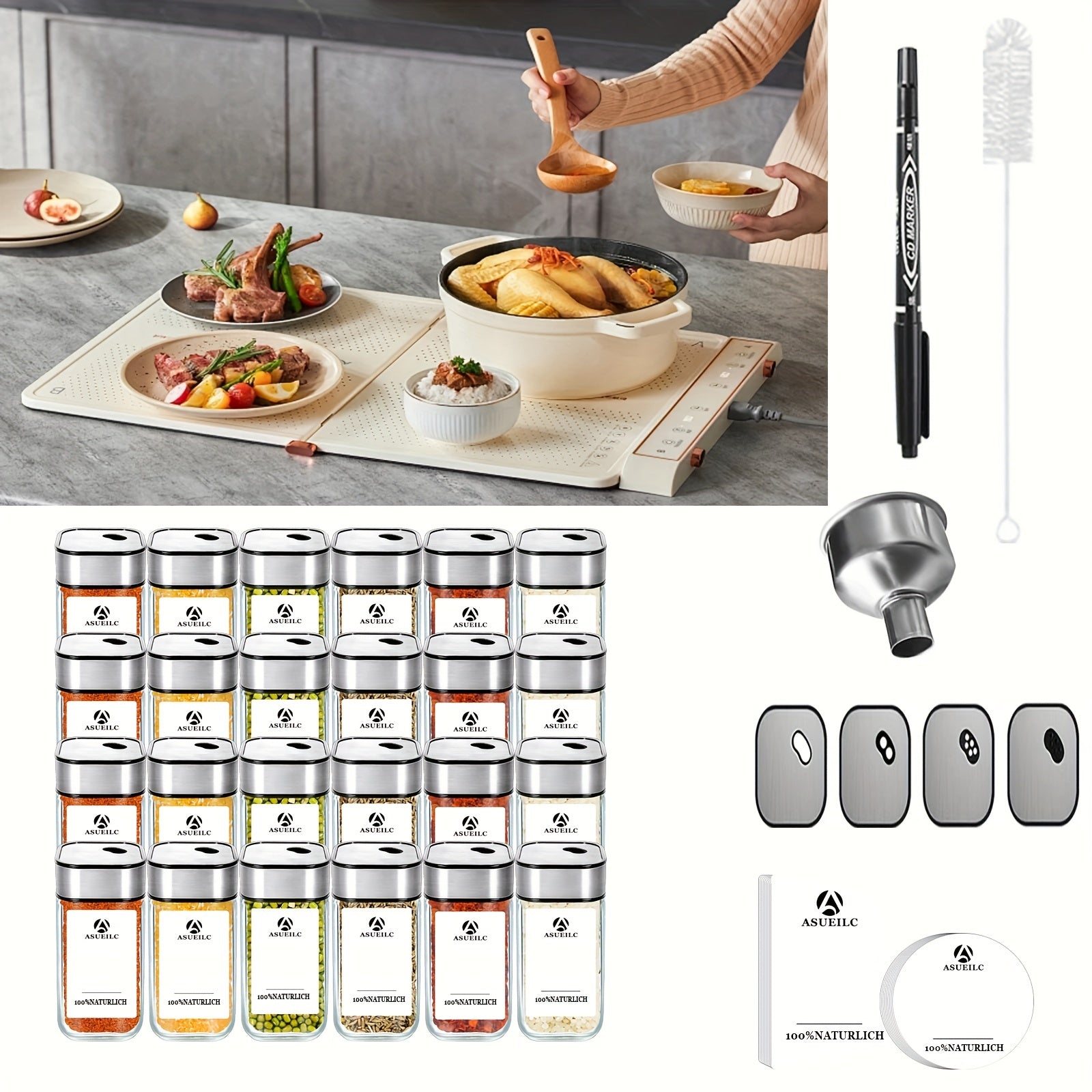 Set of 24 Square Glass Spice Jars with Writable Labels and Twist-Top Lids