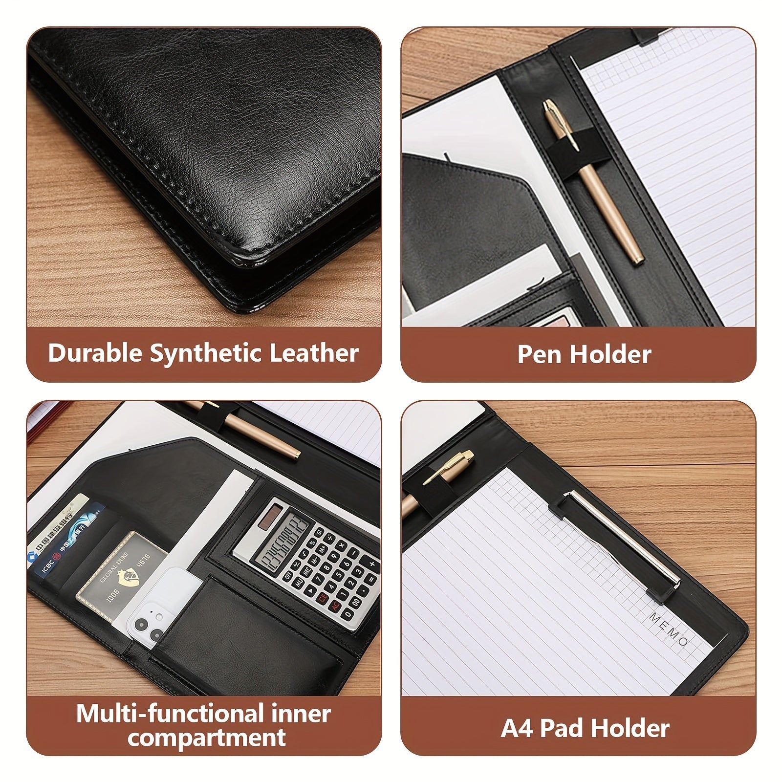 Leather Portfolio Folder with Legal Pad Clipboard Pen Holder Business Card Slots