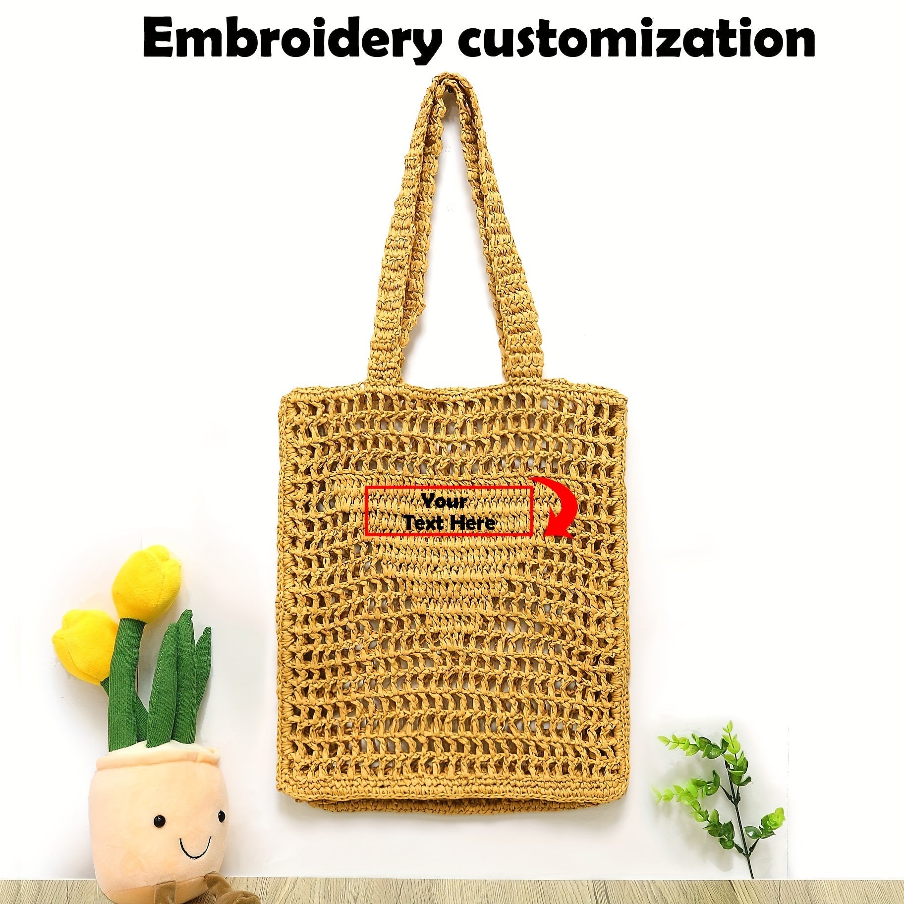 Large Capacity Women's Beach Tote Bag with Custom Embroidery, Hand-Woven Mesh