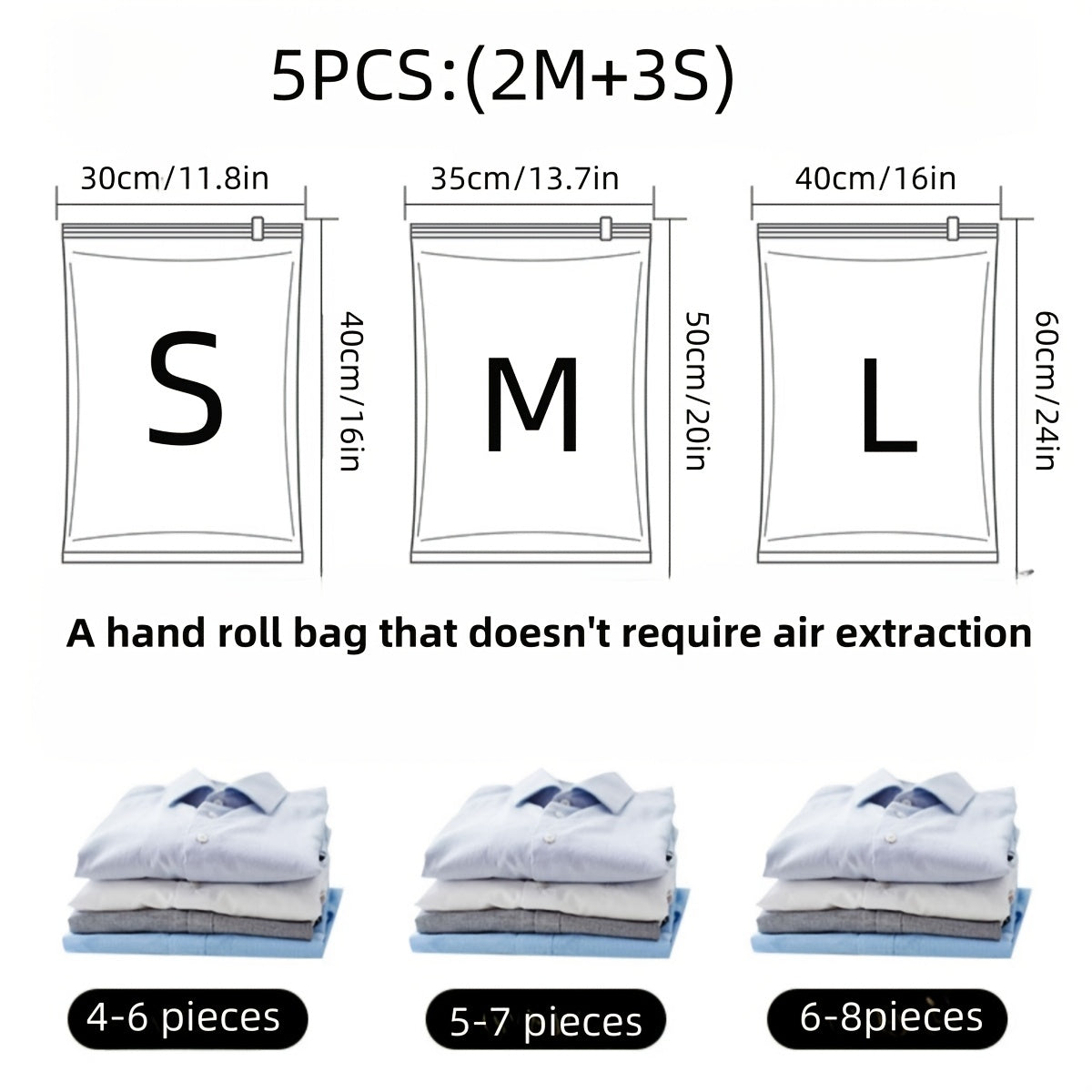 Set of 5 Vacuum Storage Bags Space-Saving Zippered for Clothing and Travel