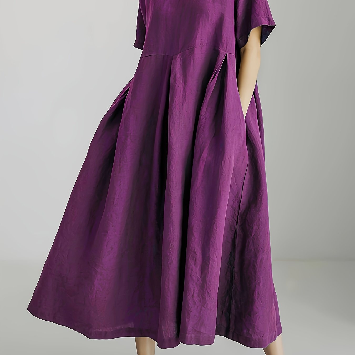 Women's Linen Blend Midi Dress with Oversized Flowy Skirt Short Sleeve Spring Summer