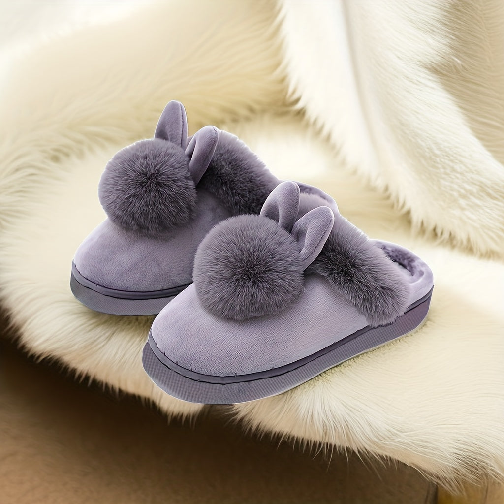 Women's Fuzzy Bunny Pom Pom House Slippers Closed Toe Soft Sole Winter Warm