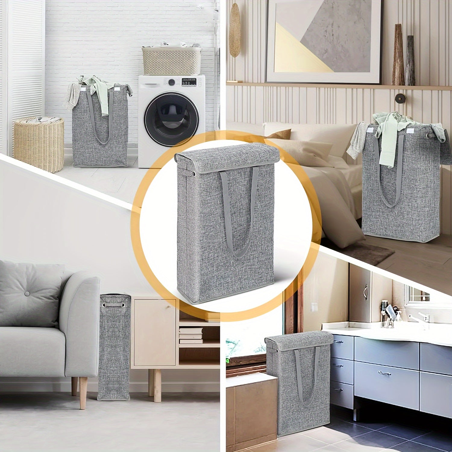 Cubo de ropa alta y delgada con tapa, asas, a prueba de agua, lino para baño, dormitorio, residencia