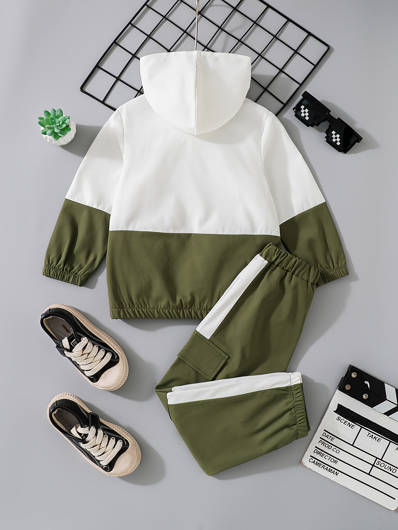 Boys' Color-Block Hoodie and Cargo Pants Set Polyester Casual Spring Fall Outdoor Wear