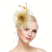 Fake Feather Fascinator Hat with Netted Tulle Hair Clip for Formal Events